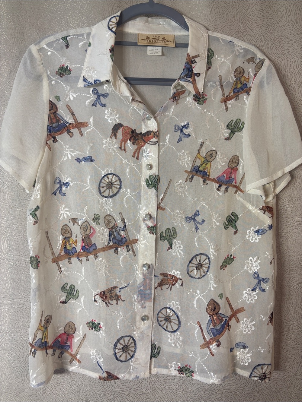 Vintage New Frontier Sheer Embroidered Western Motif Women’s shirt. 0258